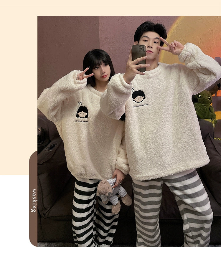 Autumn and Winter Coral Fleece Couple Pajamas Women's Flannel Cartoon Cute Women's Suit Winter Men's Home Wear