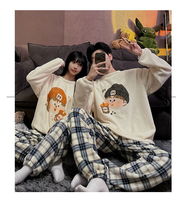 Autumn and Winter Coral Fleece Couple Pajamas Women's Flannel Cartoon Cute Women's Suit Winter Men's Home Wear