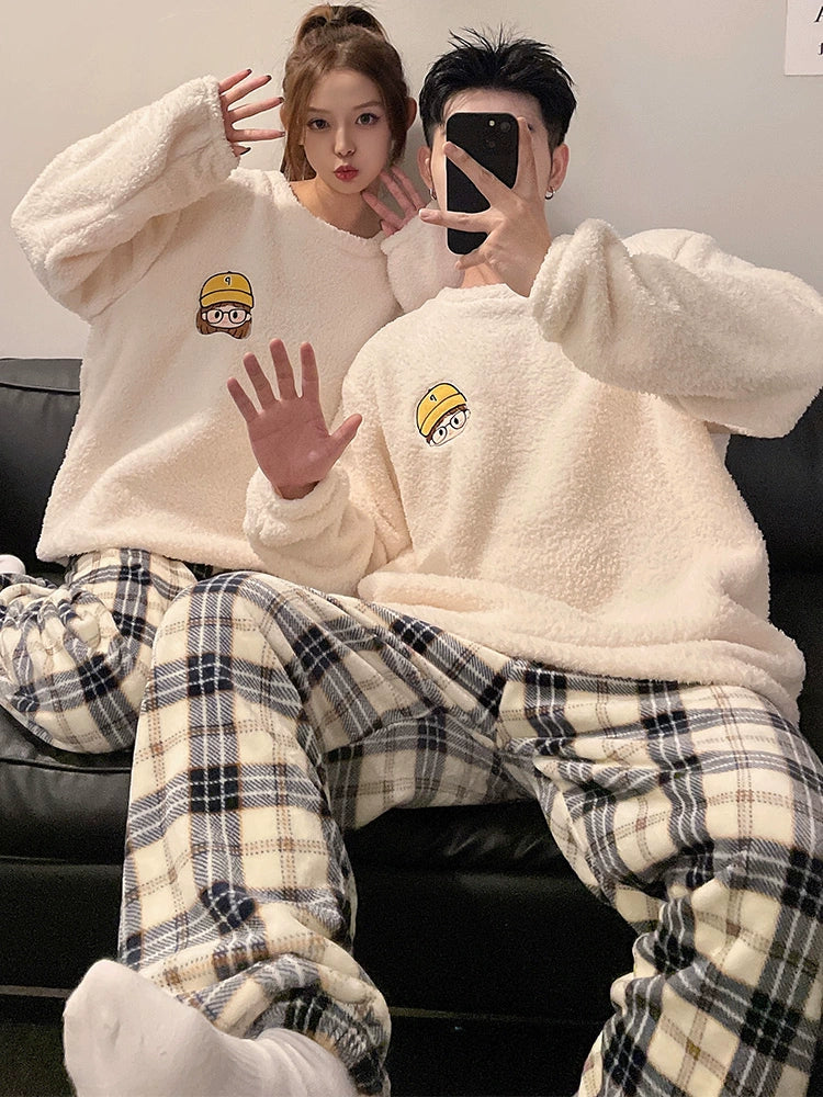 Autumn and Winter Coral Fleece Couple Pajamas Women's Flannel Cartoon Cute Women's Suit Winter Men's Home Wear