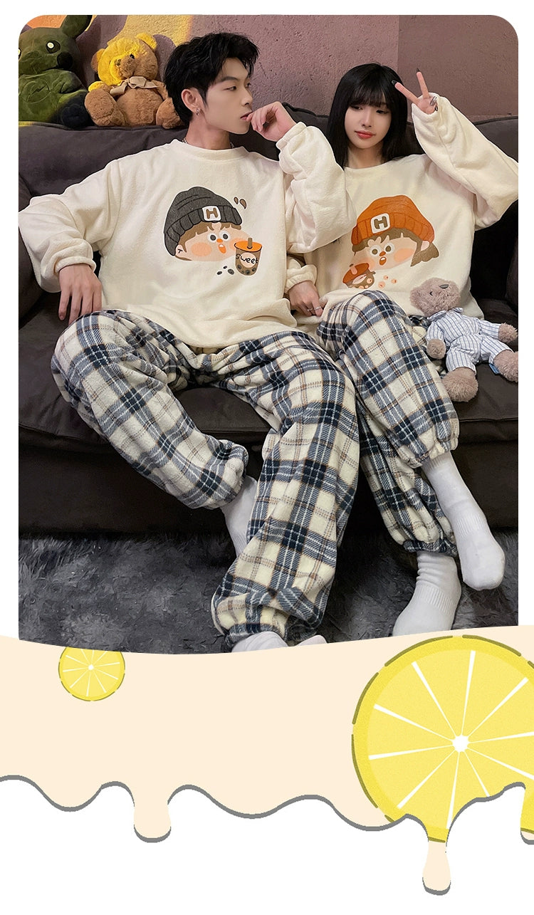 Autumn and Winter Coral Fleece Couple Pajamas Women's Flannel Cartoon Cute Women's Suit Winter Men's Home Wear
