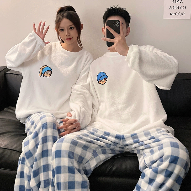 Women's Coral Fleece Cute Cartoon Gingham Couple Pajamas