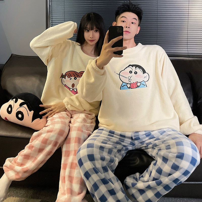 Women's Coral Fleece Cute Cartoon Gingham Couple Pajamas