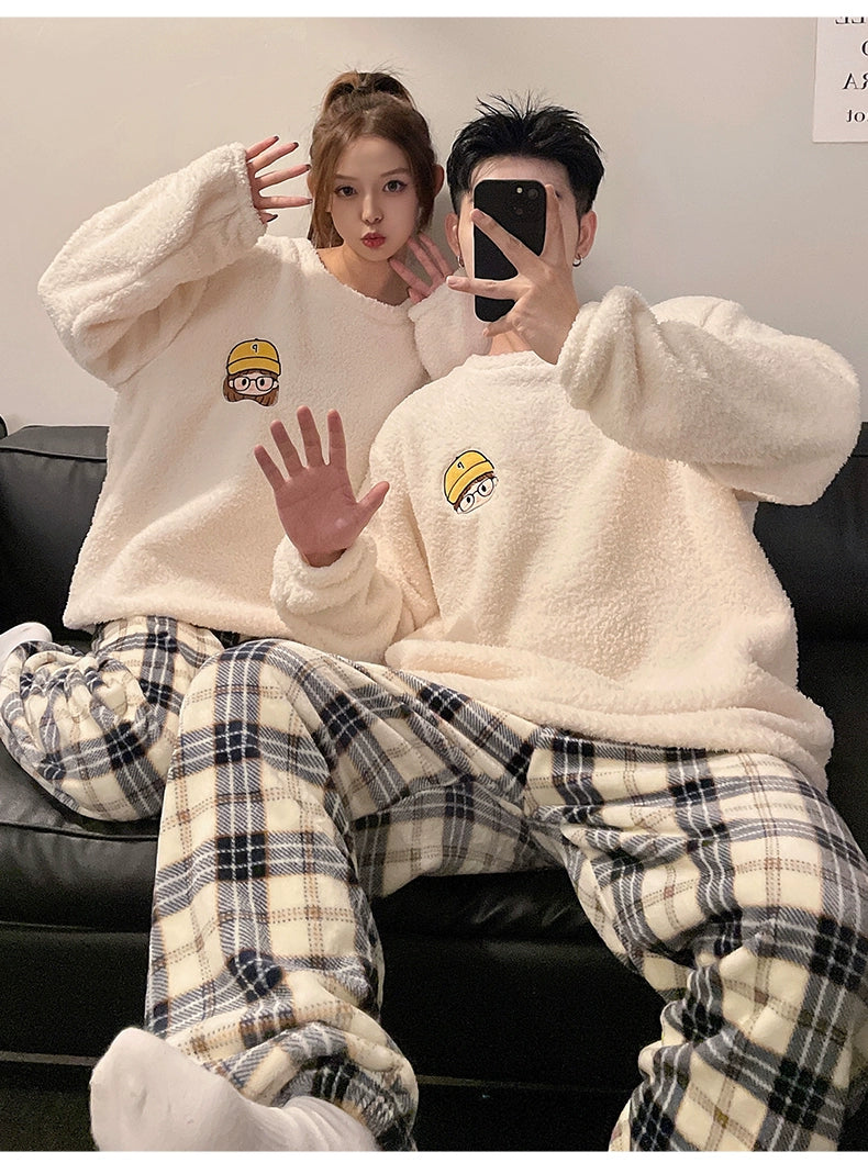 Autumn and Winter Coral Fleece Couple Pajamas Women's Flannel Cartoon Cute Women's Suit Winter Men's Home Wear