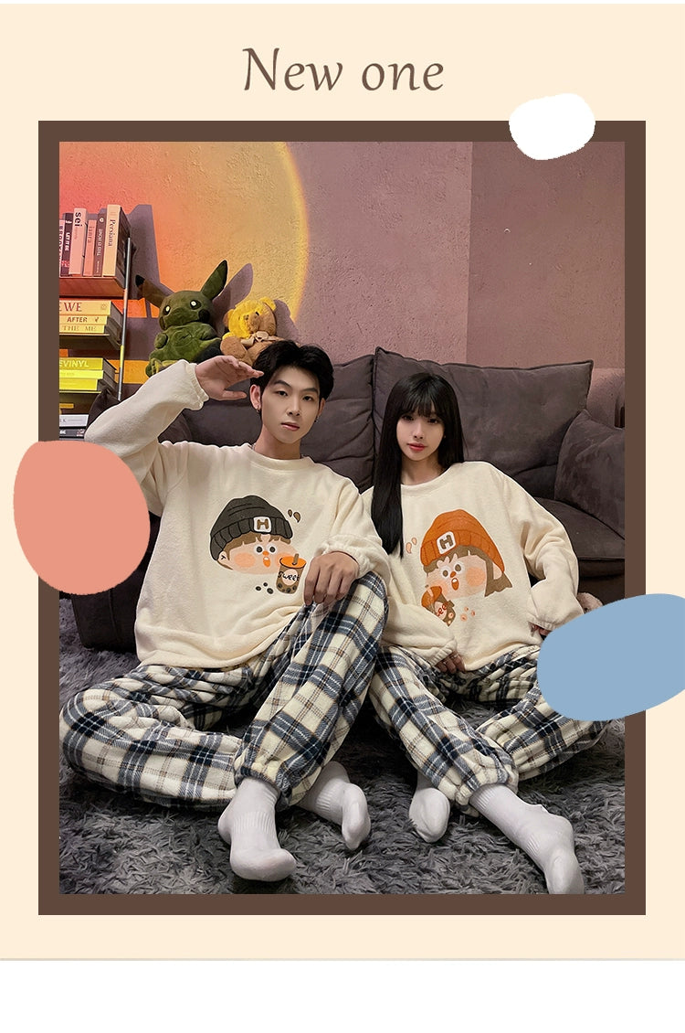Autumn and Winter Coral Fleece Couple Pajamas Women's Flannel Cartoon Cute Women's Suit Winter Men's Home Wear