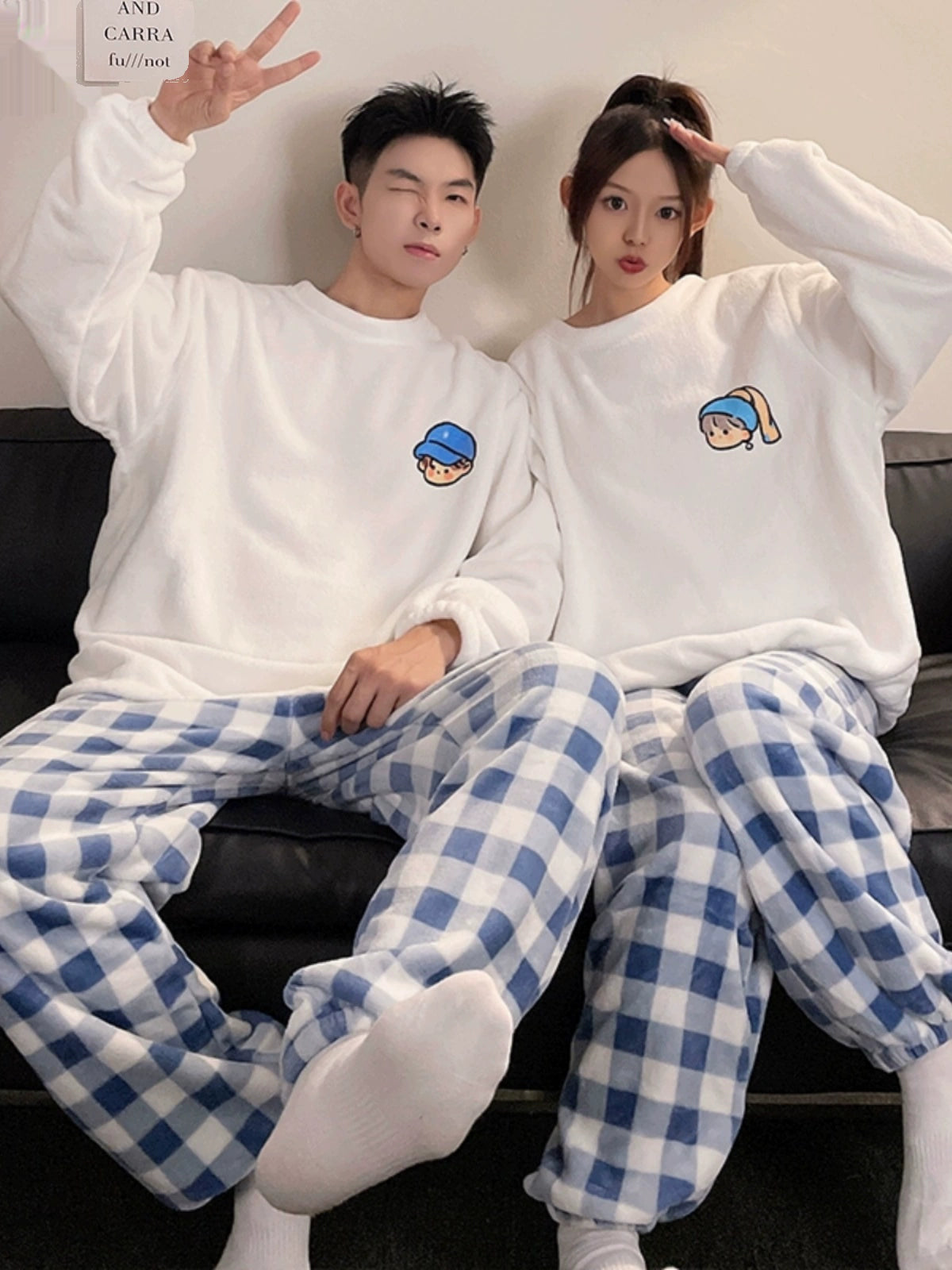 Women's Coral Fleece Cute Cartoon Gingham Couple Pajamas