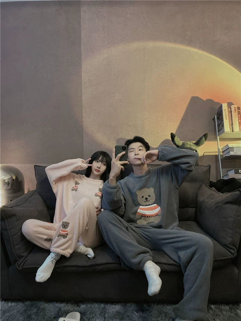 South Korea Bear Women's Thickened Flannel Couple Pajamas