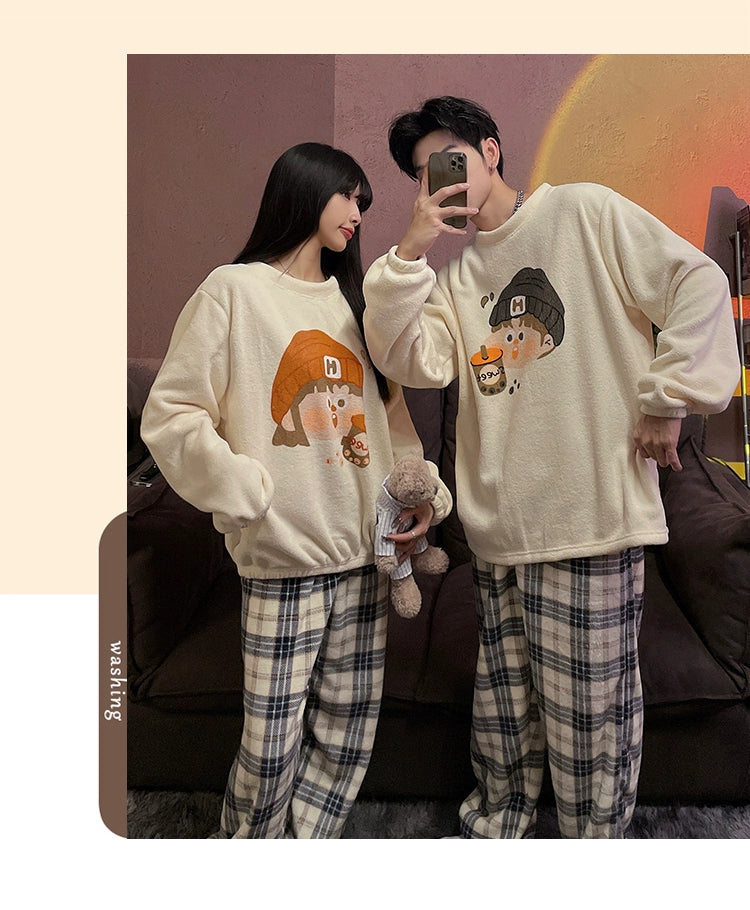 Autumn and Winter Coral Fleece Couple Pajamas Women's Flannel Cartoon Cute Women's Suit Winter Men's Home Wear