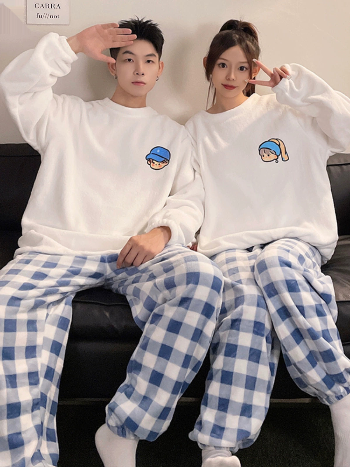 Women's Coral Fleece Cute Cartoon Gingham Couple Pajamas
