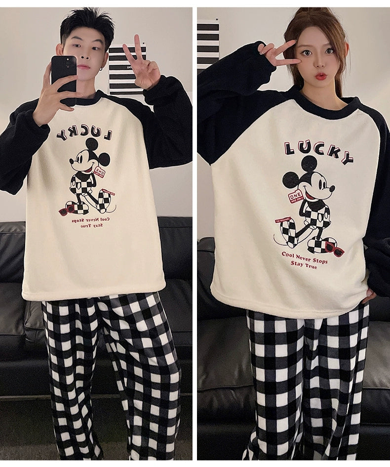 Autumn and Winter Coral Fleece Couple Pajamas Women's Flannel Cartoon Cute Women's Suit Winter Men's Home Wear