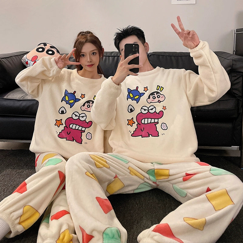 Couple Pajamas Women's Coral Fleece Winter Thickened Fleece-lined Autumn and Winter Day Flannel Plus Size Men's Home Wear Suit