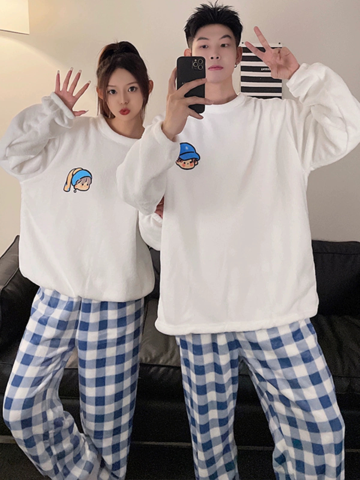 Women's Coral Fleece Cute Cartoon Gingham Couple Pajamas