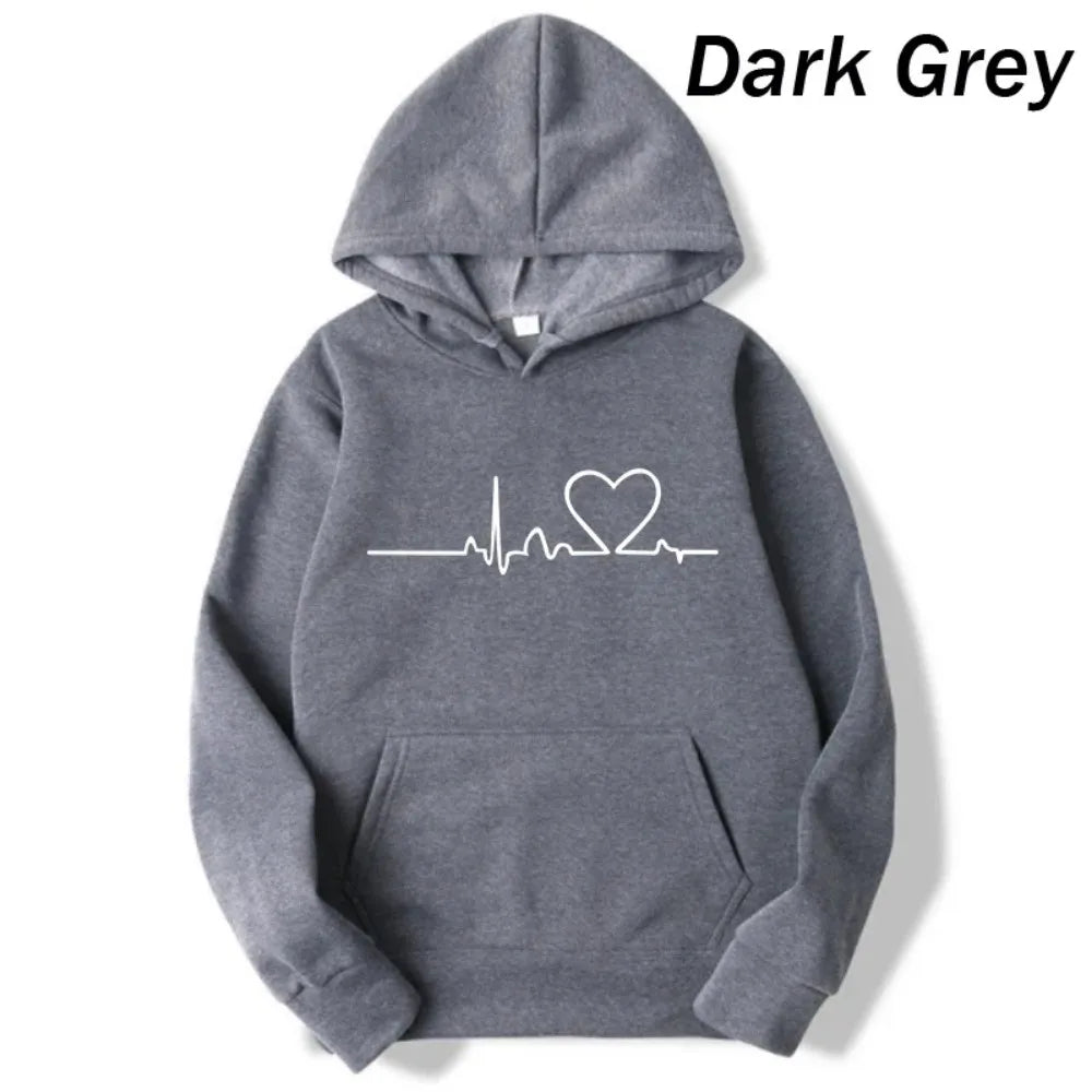 New Women Casual Hoodies Autumn/Winter Heartbeat Print Men Loose Hoodies Couple Sweatshirts Ladies Hooded Tops Streetwear