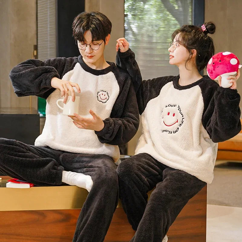 Couple's Flannel Pajamas Round Neck Long Sleeve Korean Style Homewear Pullover Thickened Autumn Winter Warm Round Neck Pajamas