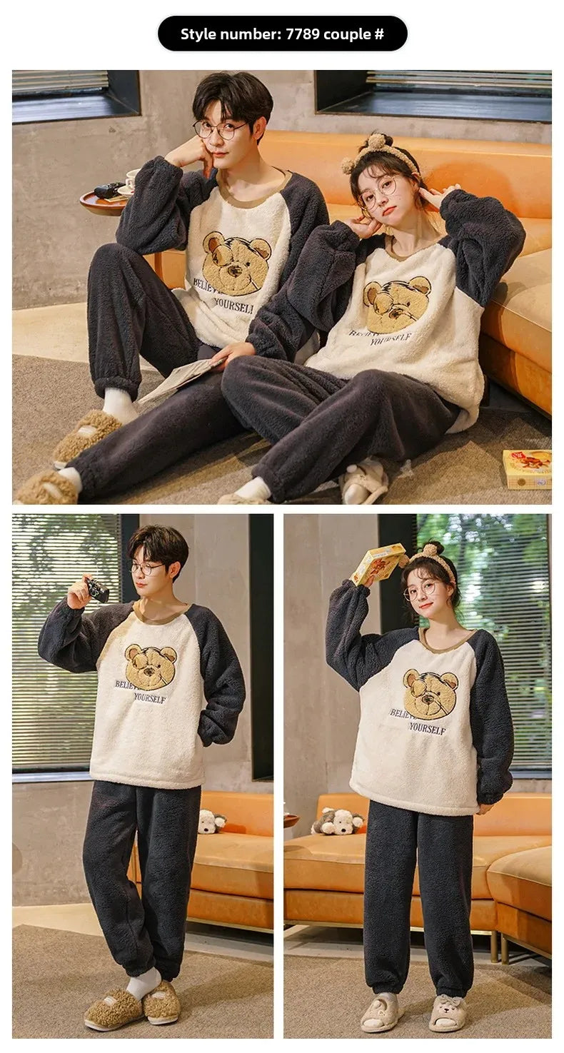 Couple's Flannel Pajamas Round Neck Long Sleeve Korean Style Homewear Pullover Thickened Autumn Winter Warm Round Neck Pajamas