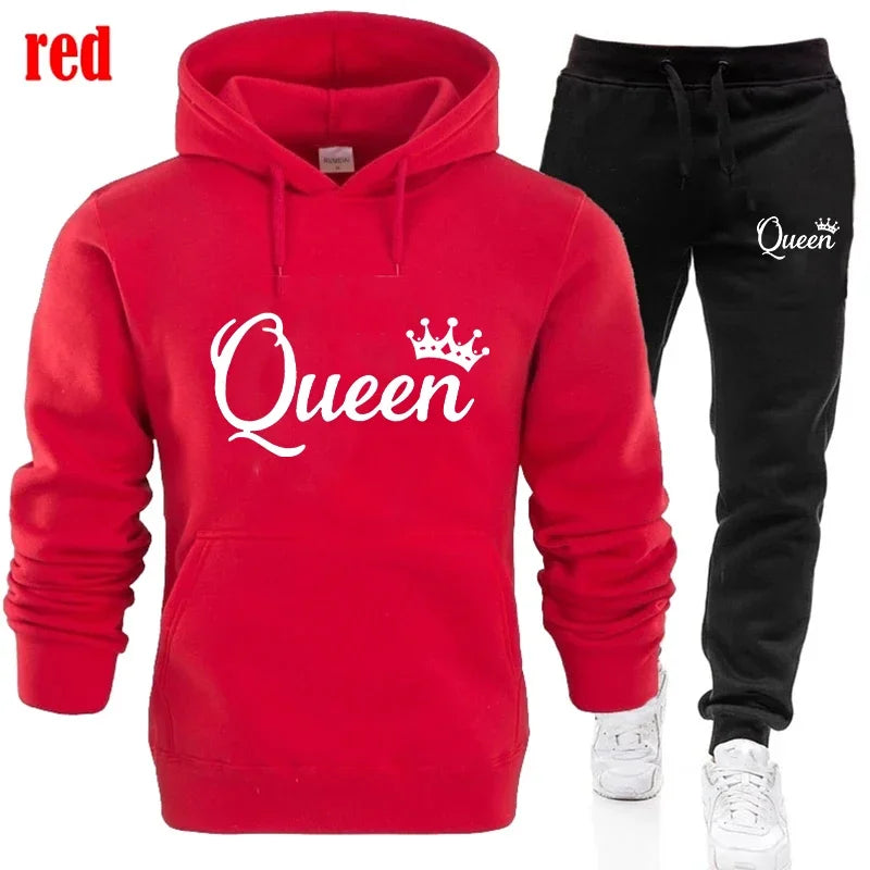 Fashion KING and QUEEN Printed Hooded Suits Autumn Winter Couple Hoodie + Pants 2-piece Suit