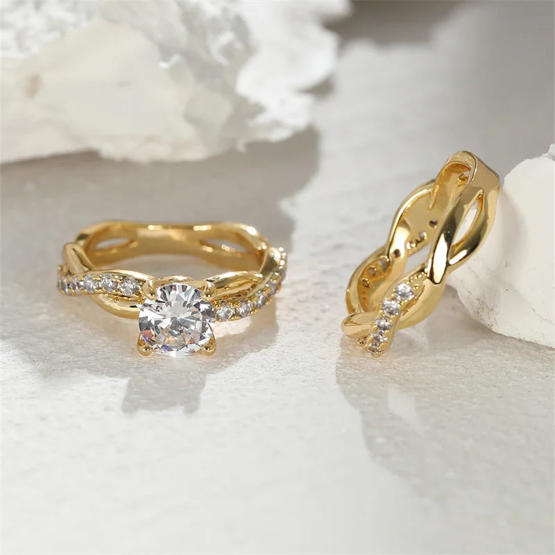 Female Round Zircon Bridal Sets Silver Gold Color White Crystal Stone Crossed Wedding Bands Promise Engagement Rings For Women