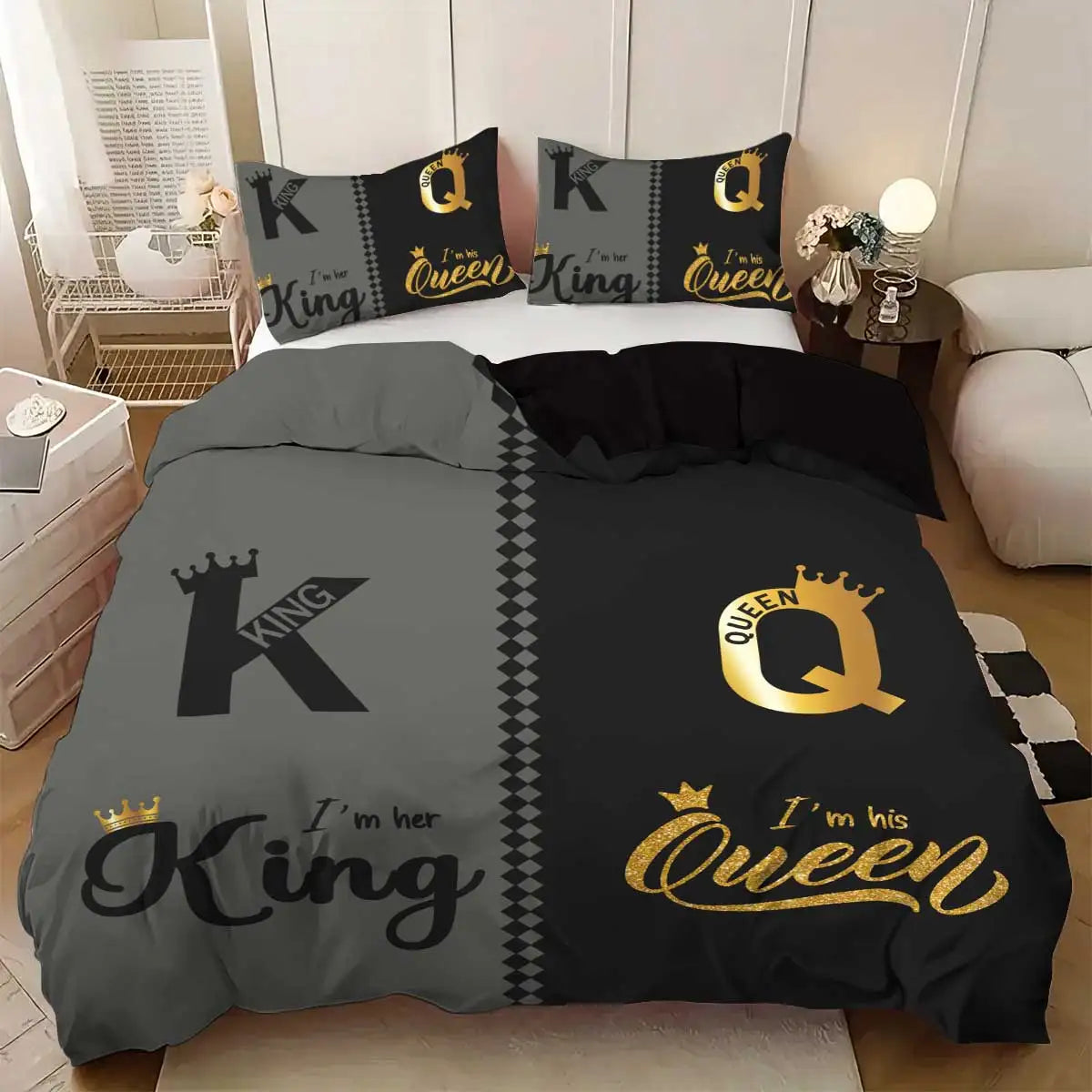 3pcs fashionable black gray K and Q design printed bedding set, soft, comfortable and breathable duvet cover, bedroom, hotel