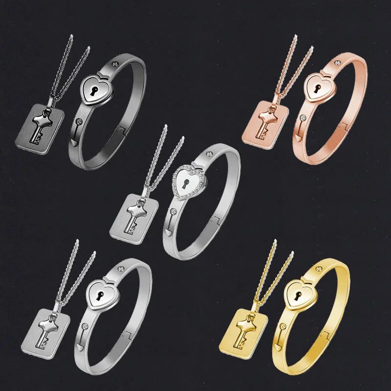 Stainless Steel Couple Bracelet Love Heart Lock Bracelets Bangle Key Pendant Necklace For Women Men Valentine's Day Jewelry Gift