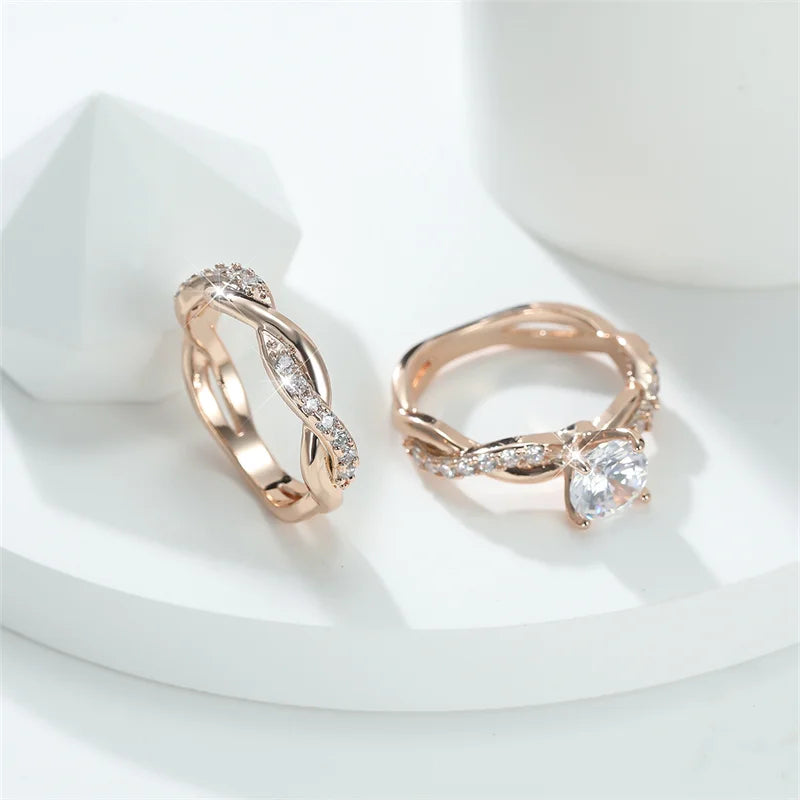 Female Round Zircon Bridal Sets Silver Gold Color White Crystal Stone Crossed Wedding Bands Promise Engagement Rings For Women