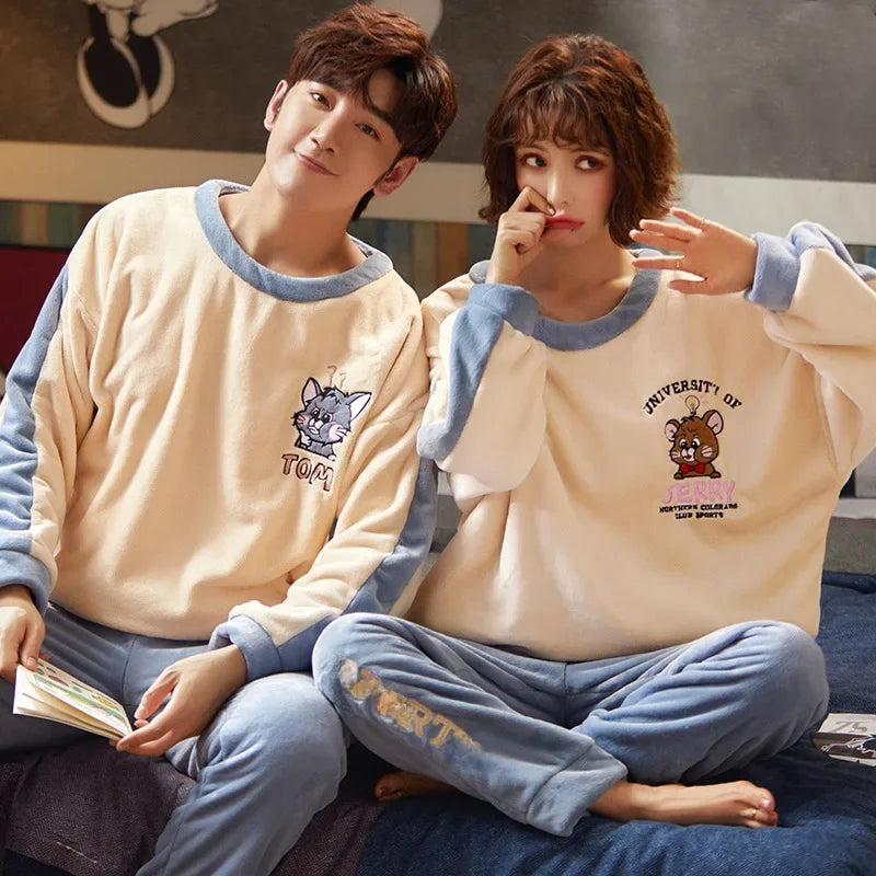 Couple's Flannel Pajamas Round Neck Long Sleeve Korean Style Homewear Pullover Thickened Autumn Winter Warm Round Neck Pajamas