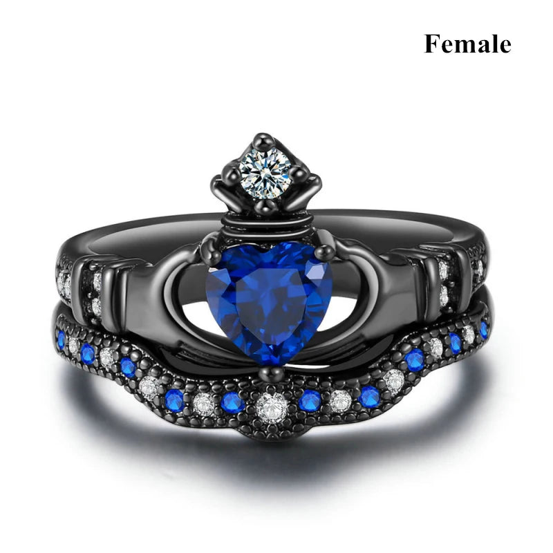 Popular Couple Romantic Couple Ring Fashion Jewelry Anniversary Wedding Black Heart Cubic Zirconia Ring Set Lover Gift