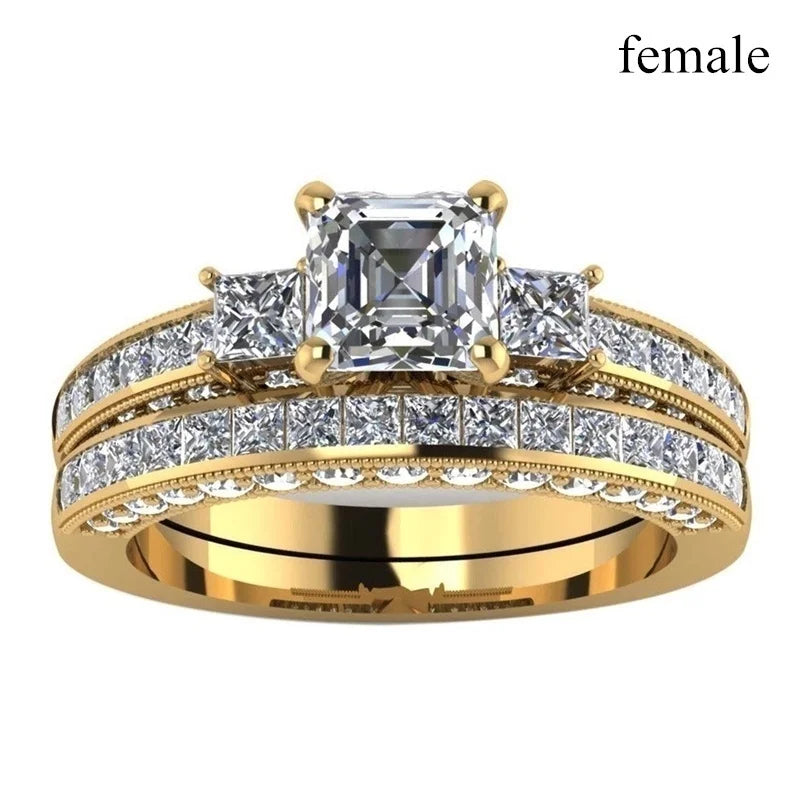 Carofeez 2025 Luxury Zircon Crystal Couple Rings for Lover's Valentine's Day Gift Fashion Gold Color Engagement Wedding Band