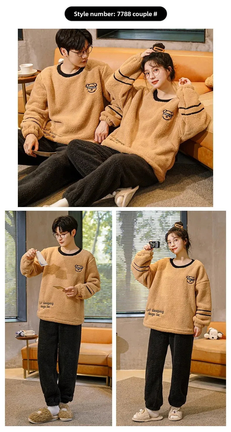 Couple's Flannel Pajamas Round Neck Long Sleeve Korean Style Homewear Pullover Thickened Autumn Winter Warm Round Neck Pajamas