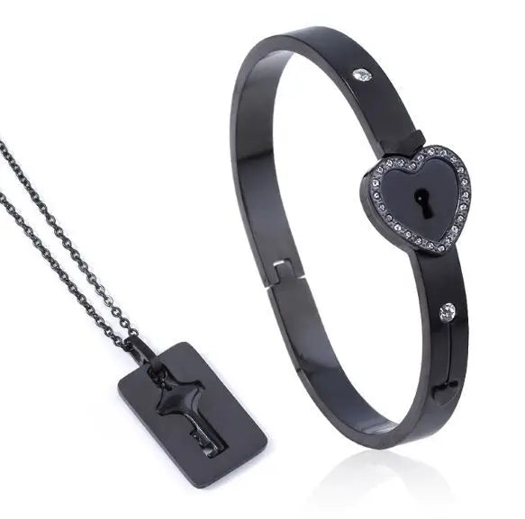 Stainless Steel Couple Bracelet Love Heart Lock Bracelets Bangle Key Pendant Necklace For Women Men Valentine's Day Jewelry Gift
