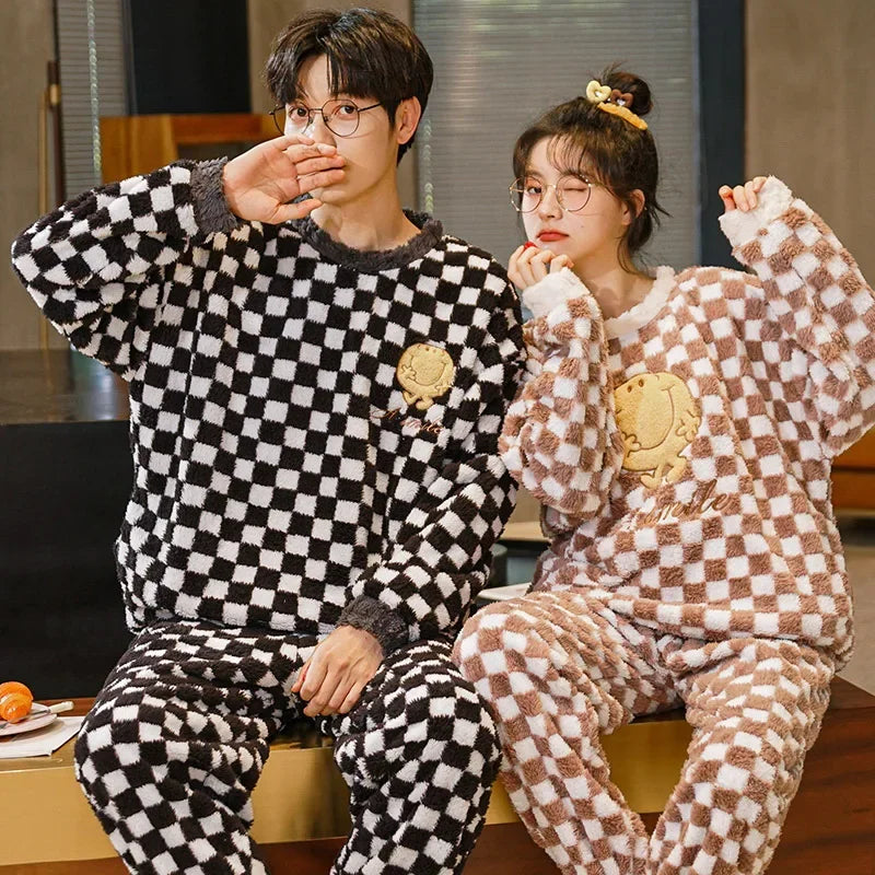 Couple's Flannel Pajamas Round Neck Long Sleeve Korean Style Homewear Pullover Thickened Autumn Winter Warm Round Neck Pajamas