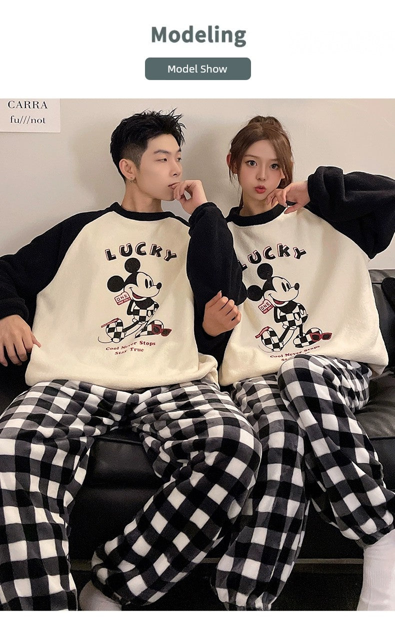 Autumn and Winter Coral Fleece Couple Pajamas Women's Flannel Cartoon Cute Women's Suit Winter Men's Home Wear