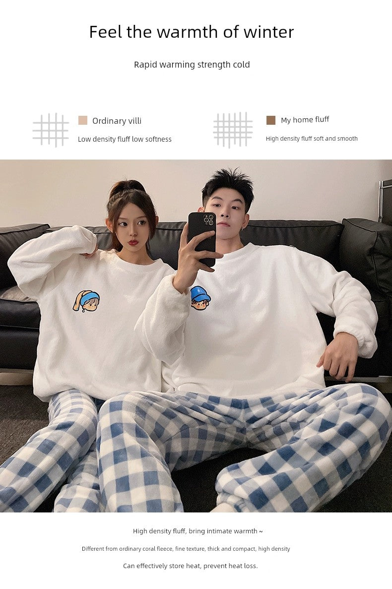 Women's Coral Fleece Cute Cartoon Gingham Couple Pajamas