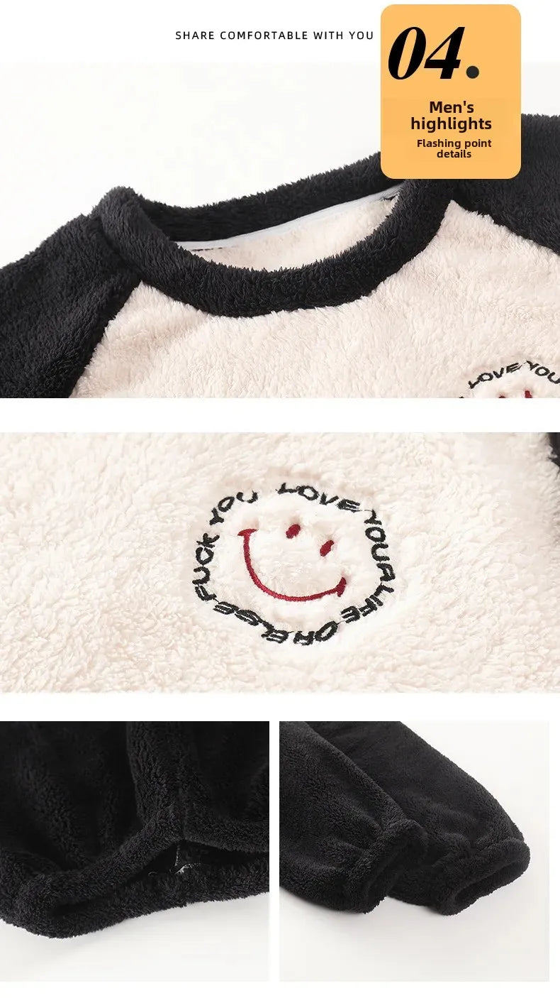 Couple's Flannel Pajamas Round Neck Long Sleeve Korean Style Homewear Pullover Thickened Autumn Winter Warm Round Neck Pajamas