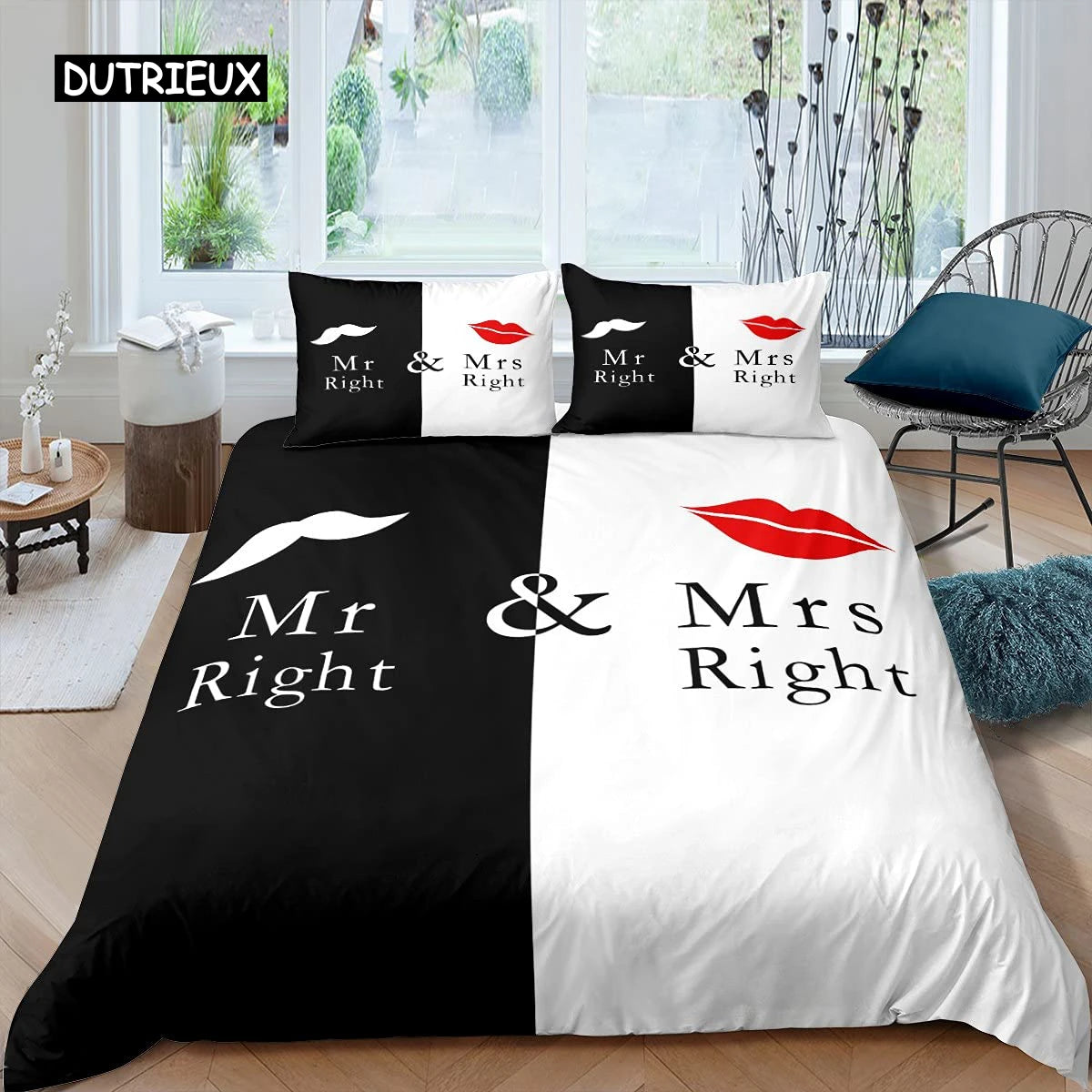 Mr Mrs Duvet Cover Set Funny Black Red Creative Twin Bedding Set Microfiber Love Man Mustache Woman Lip Romance Comforter Cover