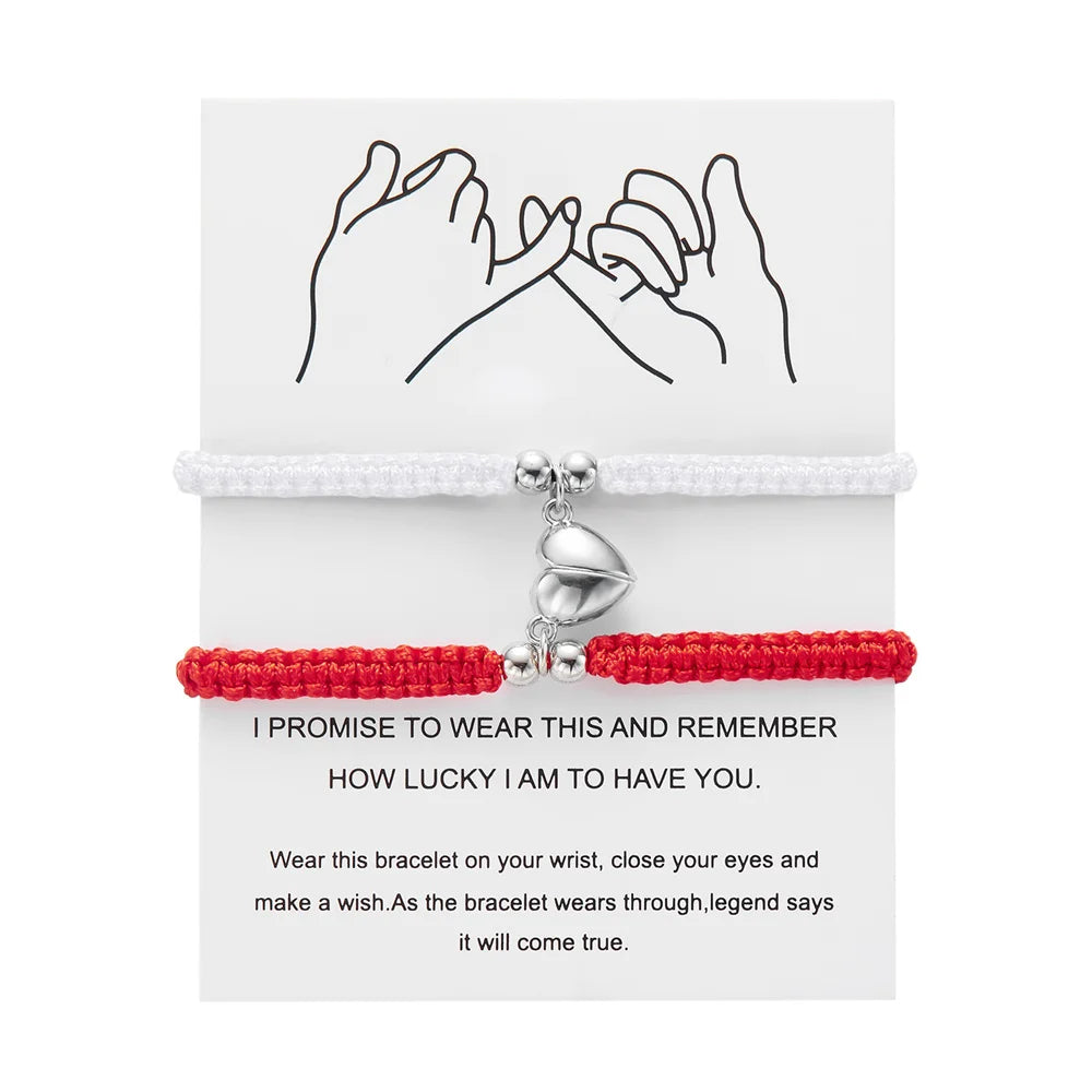 2pcs Hand-Woven Couple Bracelet Magnetic Heart Shape Braid Rope Bracelet Men'S and Women'S Gift for Anniversary Wrist Chain