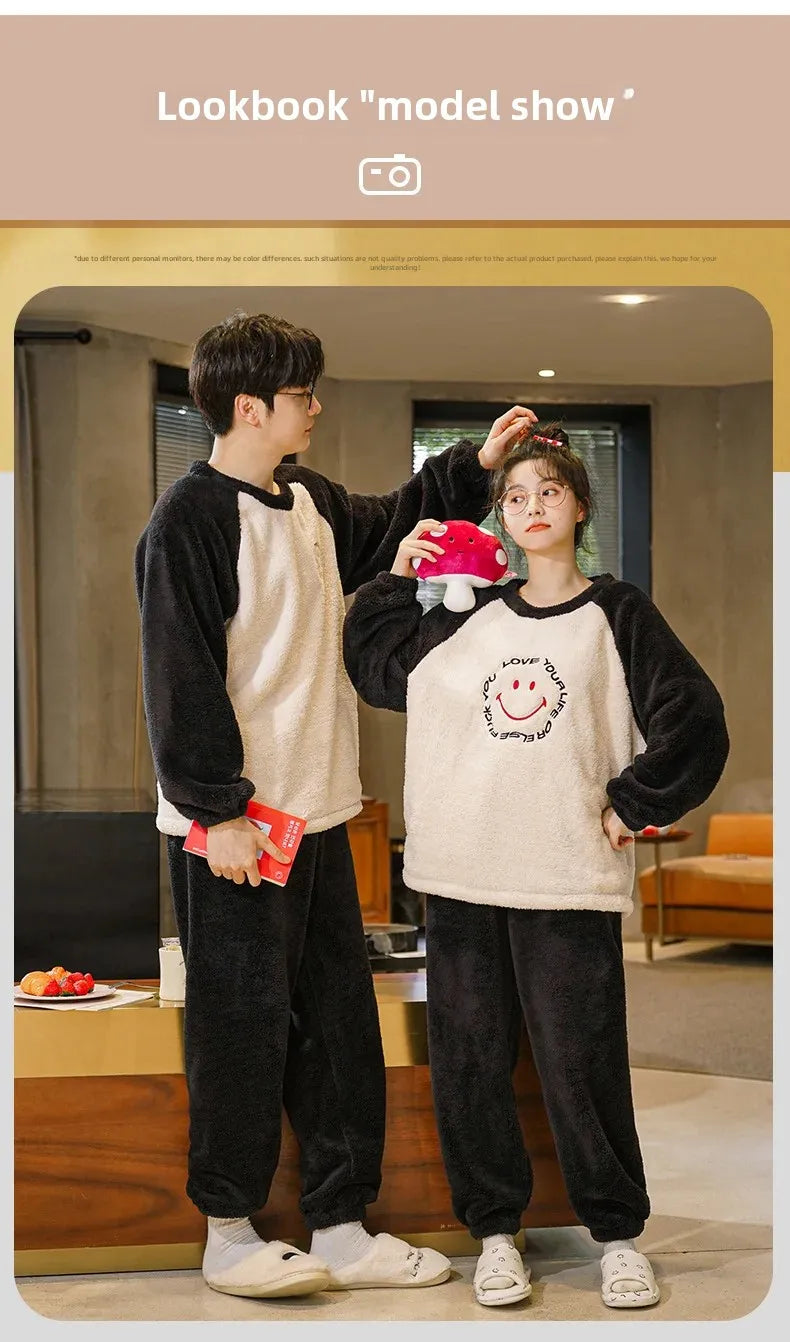 Couple's Flannel Pajamas Round Neck Long Sleeve Korean Style Homewear Pullover Thickened Autumn Winter Warm Round Neck Pajamas