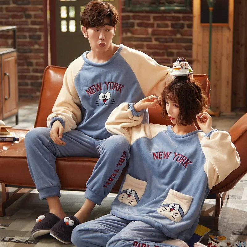 Couple's Flannel Pajamas Round Neck Long Sleeve Korean Style Homewear Pullover Thickened Autumn Winter Warm Round Neck Pajamas