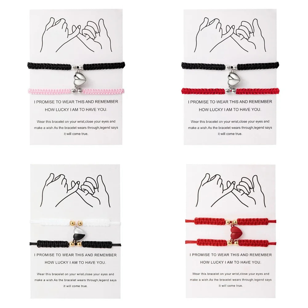 2pcs Hand-Woven Couple Bracelet Magnetic Heart Shape Braid Rope Bracelet Men'S and Women'S Gift for Anniversary Wrist Chain