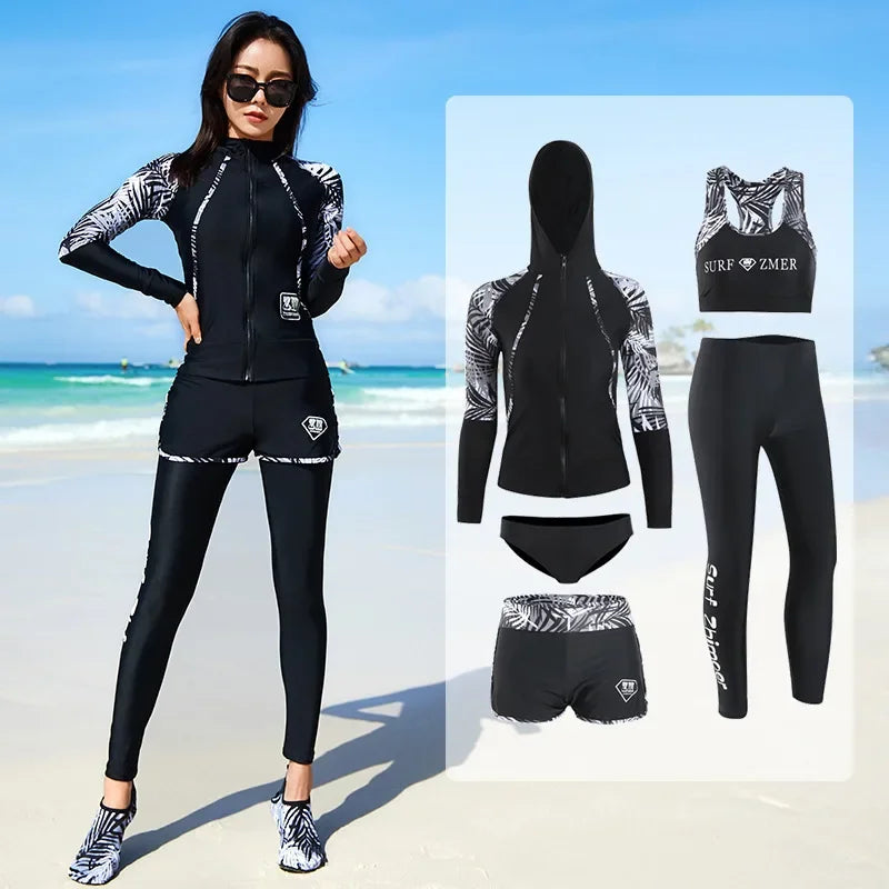 Women Men's 3-5 Piece Rash Guard with Boy Shorts Long Sleeve Zipper Swimsuit Bathing Suit Wetsuit Beachwear Tankini Tracksuit