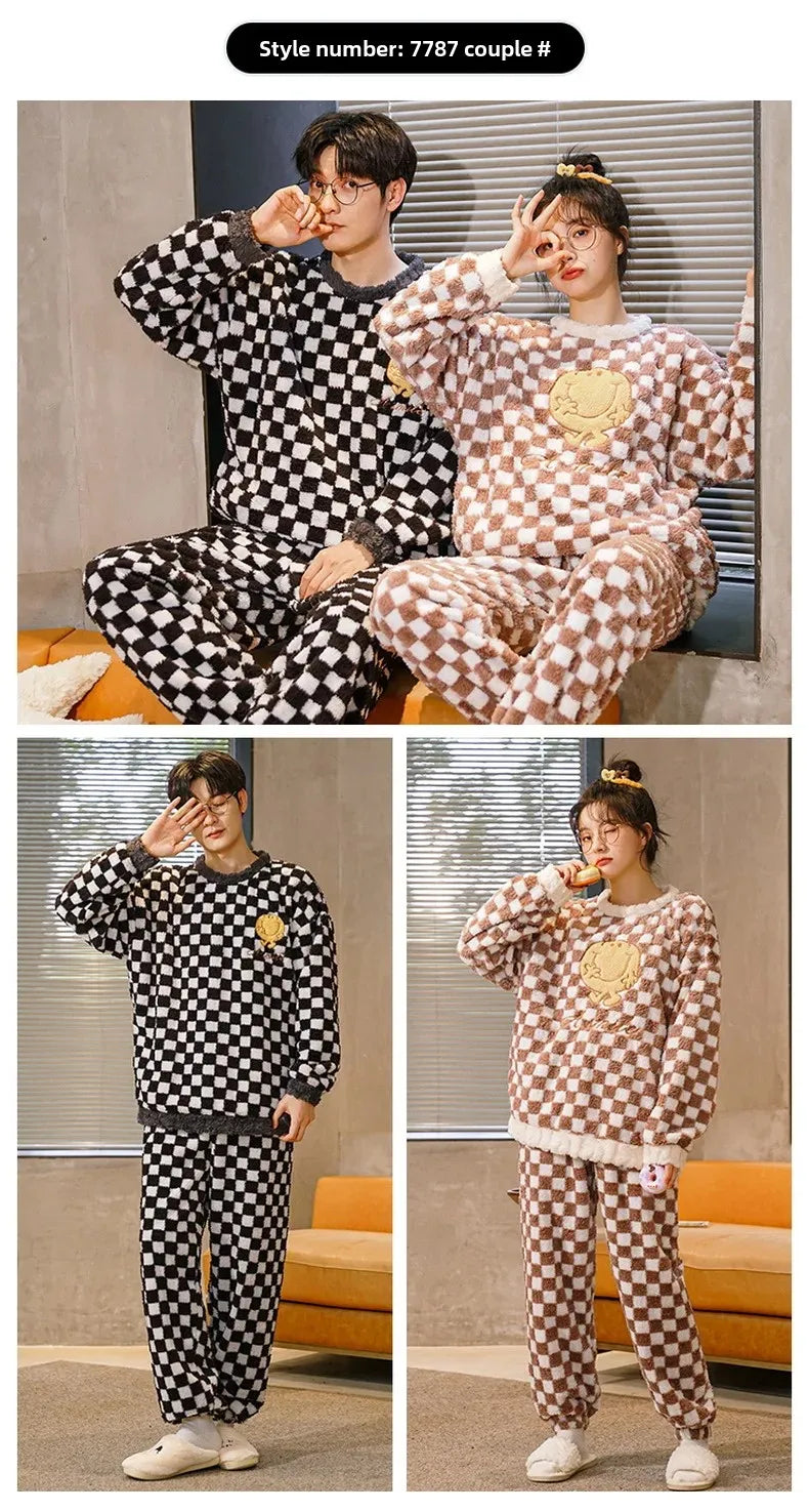 Couple's Flannel Pajamas Round Neck Long Sleeve Korean Style Homewear Pullover Thickened Autumn Winter Warm Round Neck Pajamas