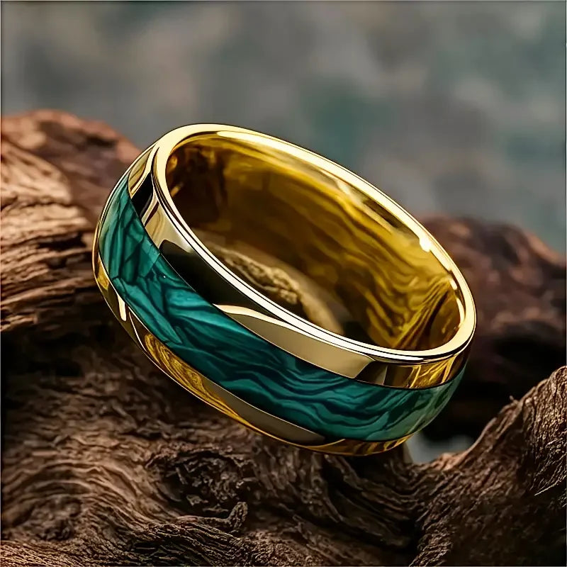 Men's Fashion Titanium Wedding Ring, 8mm Stainless Steel Style Ring, Turquoise Pattern Valentine's Day Jewelry Daily Elegance
