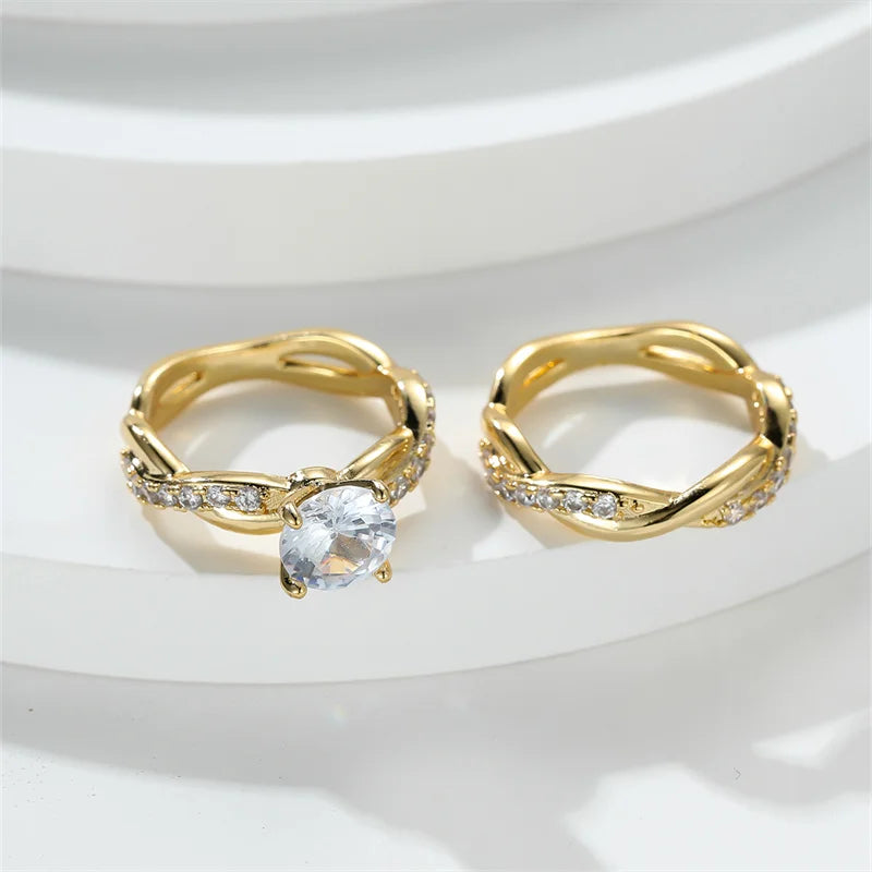 Female Round Zircon Bridal Sets Silver Gold Color White Crystal Stone Crossed Wedding Bands Promise Engagement Rings For Women