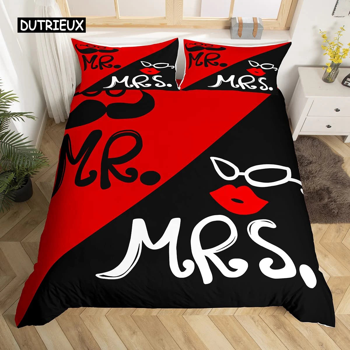 Mr Mrs Duvet Cover Set Funny Black Red Creative Twin Bedding Set Microfiber Love Man Mustache Woman Lip Romance Comforter Cover