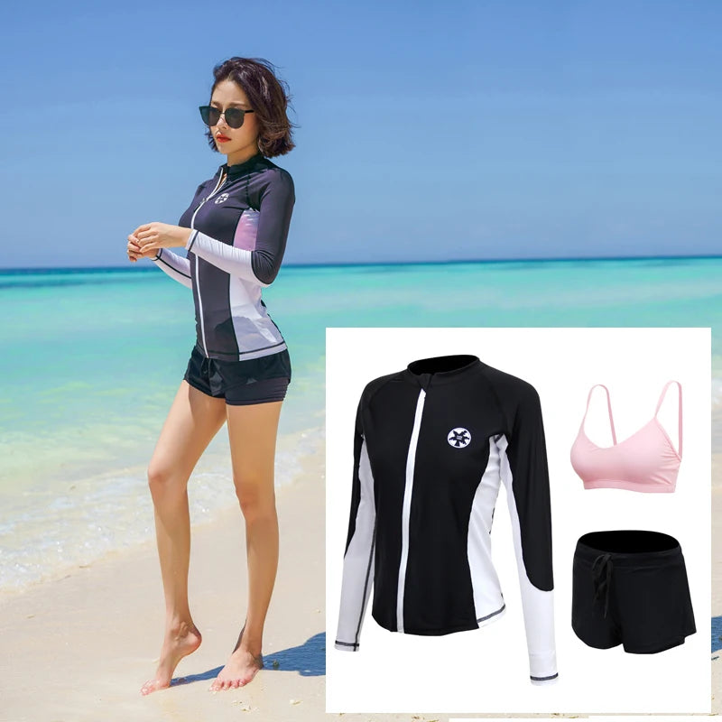 Womens Men Long Sleeve Rash Guard Swimsuit Sun Protection Sport Wetsuit 2-3 Pieces Swimsuit Set Water Sports Beachwear Tracksuit