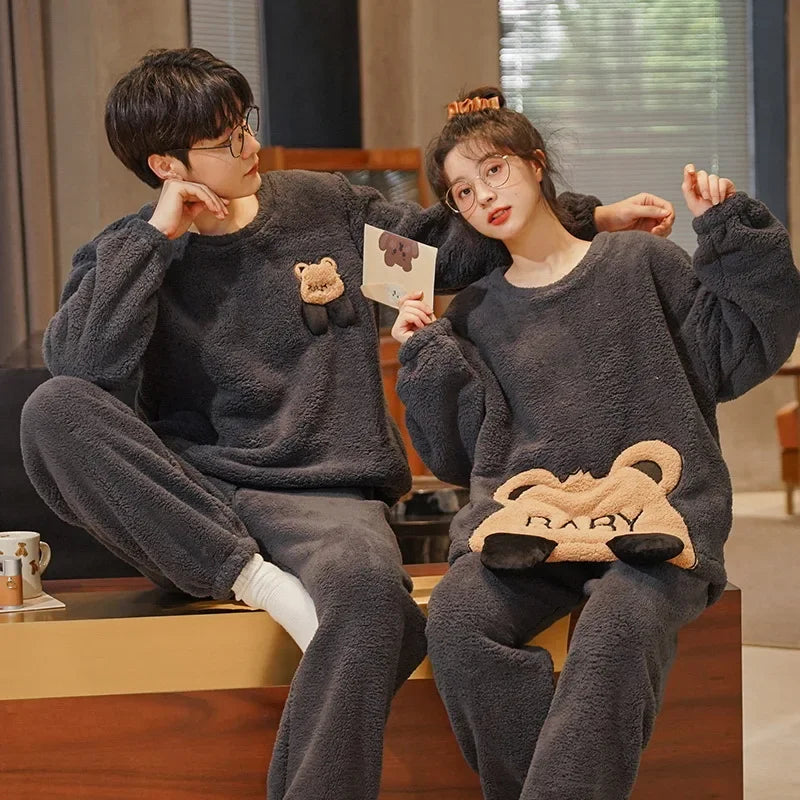 Couple's Flannel Pajamas Round Neck Long Sleeve Korean Style Homewear Pullover Thickened Autumn Winter Warm Round Neck Pajamas