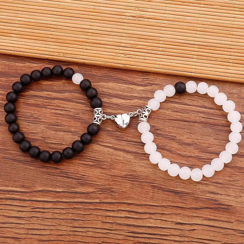 1Pair Hot Sale Love Peach Heart Magnet Bracelets For Couple Lovers Romantic Simple Frosted Stone Pink Crystal Jewelry Handwear