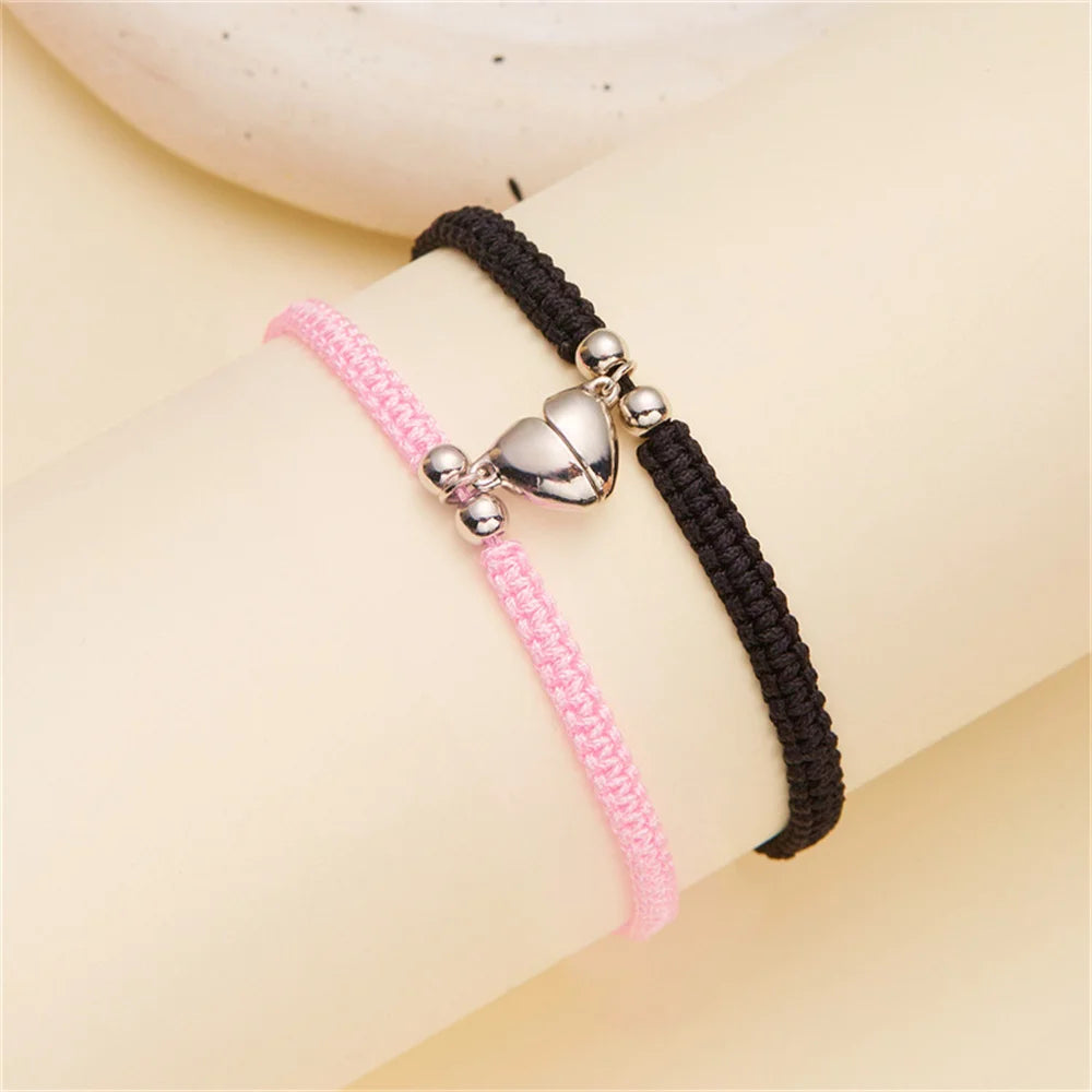 2pcs Hand-Woven Couple Bracelet Magnetic Heart Shape Braid Rope Bracelet Men'S and Women'S Gift for Anniversary Wrist Chain