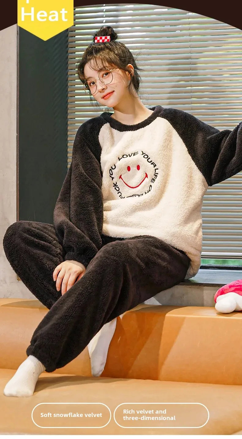 Couple's Flannel Pajamas Round Neck Long Sleeve Korean Style Homewear Pullover Thickened Autumn Winter Warm Round Neck Pajamas
