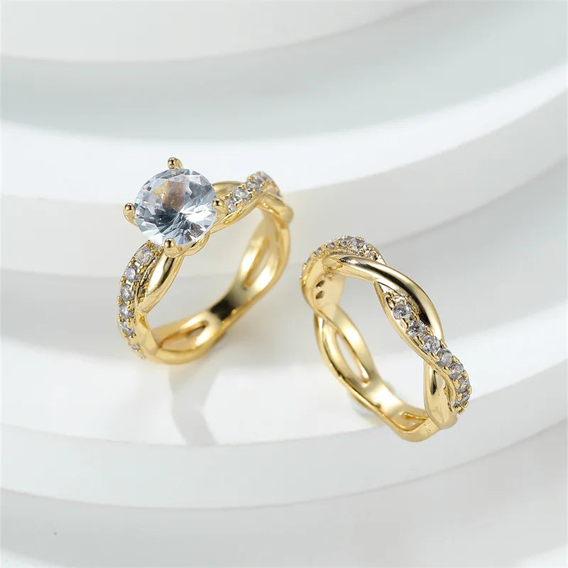 Female Round Zircon Bridal Sets Silver Gold Color White Crystal Stone Crossed Wedding Bands Promise Engagement Rings For Women