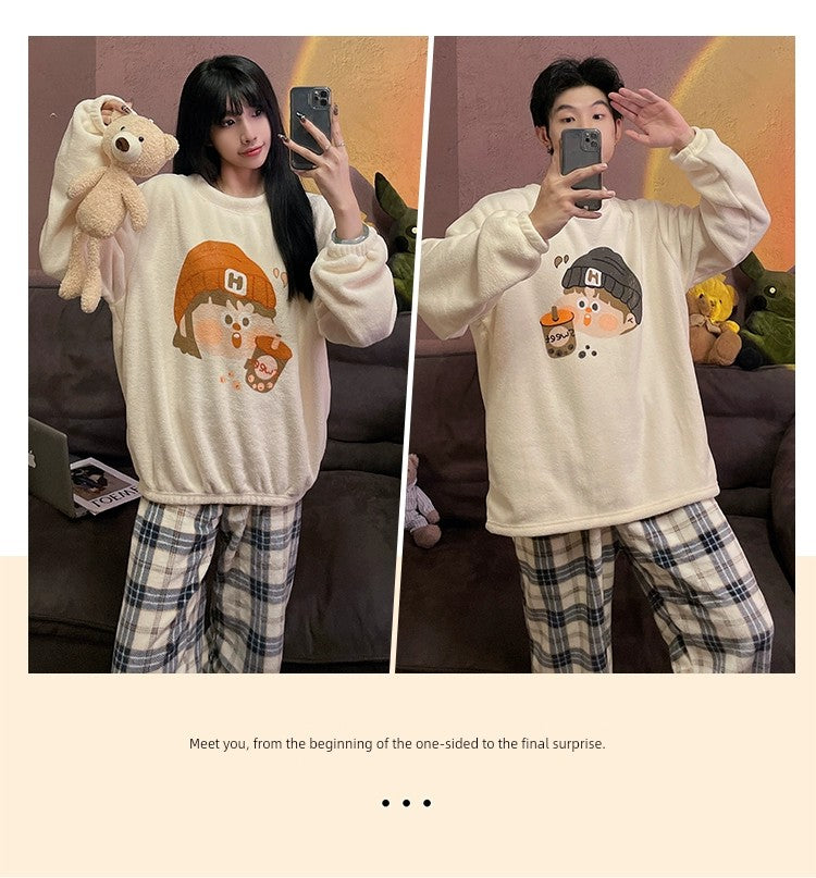 Autumn and Winter Coral Fleece Couple Pajamas Women's Flannel Cartoon Cute Women's Suit Winter Men's Home Wear