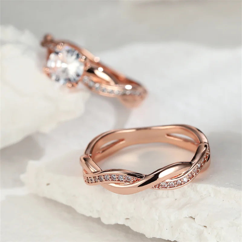Female Round Zircon Bridal Sets Silver Gold Color White Crystal Stone Crossed Wedding Bands Promise Engagement Rings For Women